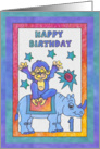 Blue Rhino and Monkey, Happy 1st Birthday card