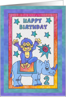 Blue Rhino and Monkey, Happy 2nd Birthday card