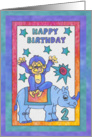 Blue Rhino and Monkey, Happy 2nd Birthday card