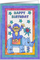 Blue Rhino and Monkey, Happy 3rd Birthday card