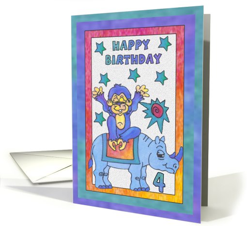 Blue Rhino and Monkey, Happy 4th Birthday card (811526)