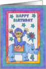 Blue Rhino and Monkey, Happy 4th Birthday card