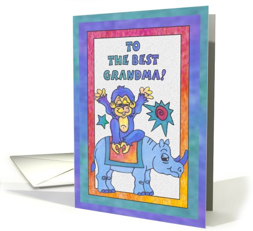 Blue Rhino and Monkey, Happy Birthday Grandma card (811540)