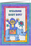 Blue Rhino and Monkey, welcome baby boy card