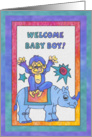 Blue Rhino and Monkey, welcome baby boy card