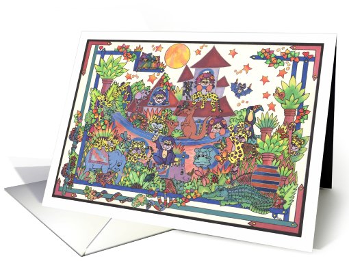 Noah's Ark with colorful animals and plants (blank greeting card) card