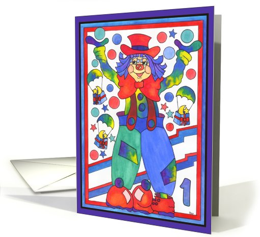 Colorful Clown with parachute gifts and stars, 1st Birthday card