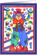 Colorful Clown with parachute gifts and stars, 1st Birthday card