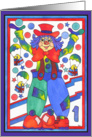 Colorful Clown with parachute gifts and stars, 1st Birthday card