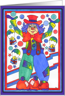 Colorful Clown with parachute gifts and stars, Blank Card