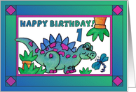 Little Dinosaur and Dragonfly Happy Birthday 1 yr old card