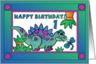 Little Dinosaur and Dragonfly Happy Birthday 1 yr old card