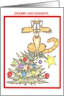 Merry Christmas Grammy & Grandpa, Cute Illustrated Cat Atop Tree card