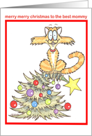 merry christmas mommy cute illustrated cat atop christmas tree card