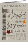 Thanksgiving Word Collage with Leaves, Acorns and Burlap card