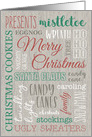 Christmas Word Collage on Illustrated Wood Background card