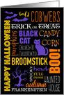 Halloween Word Collage with Bats and Cat card