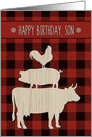 Birthday for Son with Red Buffalo Plaid and Farm Animals card