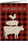 Birthday for Niece with Red Buffalo Plaid and Farm Animals card