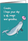 Cousin Birthday with Cute Narwhal and Sprinkle Donut card