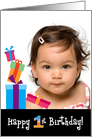 Happy 1st Birthday, Customizable Photo Card with Stacked Gifts card