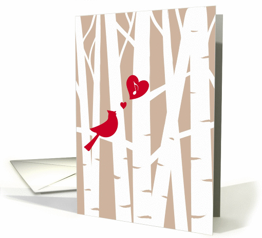 Valentine's Day Love Song with Red Cardinal in Birch Trees card