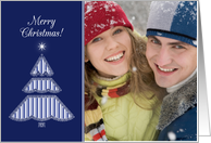 Customizable Christmas Photo Card with Blue Graphic Tree card