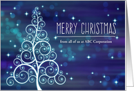 Merry Christmas from All, Custom Front, Swirled Tree & Bokeh Lights card
