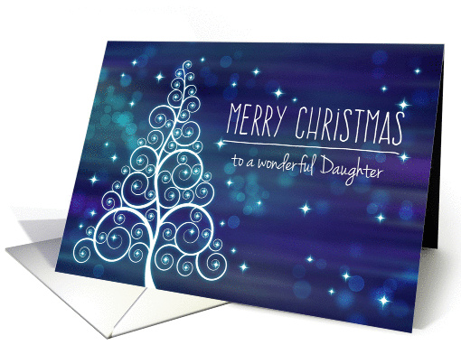 Merry Christmas to Daughter, Swirled Tree & Bokeh Lights card