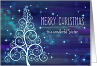 Merry Christmas Sister, Swirled Tree & Bokeh Lights card