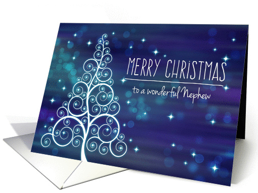 Merry Christmas Nephew, Swirled Tree & Bokeh Lights card (1401074)