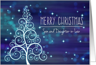 Merry Christmas Son & Daughter-in-Law, Swirled Tree & Bokeh Lights card