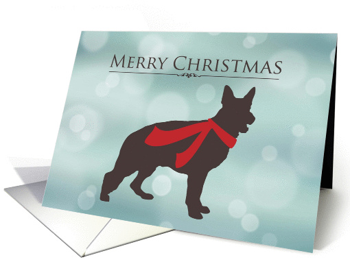 Merry Christmas, German Shepherd in Red Scarf, Bokeh Effect card