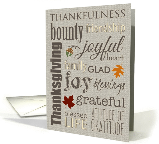 Thanksgiving Word Collage with Leaves, Acorns and Burlap card