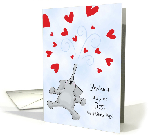 Custom Name Baby's First Valentine's Day, Elephant & Hearts card