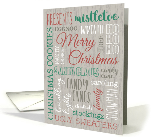 Christmas Word Collage on Illustrated Wood Background card (1502718)