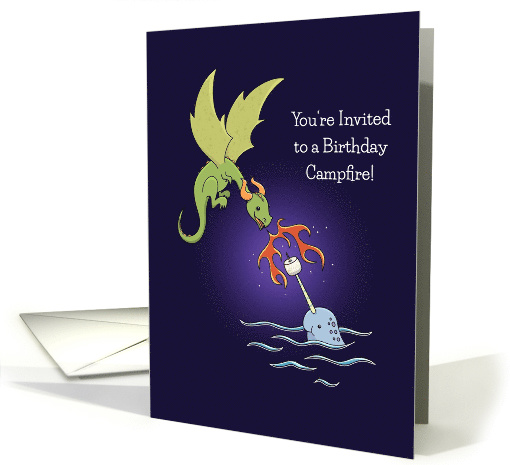 Birthday Campfire Invitation, Dragon & Narwhal Marshmallow Roast card