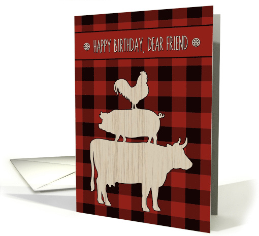 Birthday for Friend with Red Buffalo Plaid and Farm Animals card