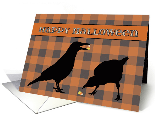 Halloween Candy Corn Crows on Orange Buffalo Plaid card (1640744)