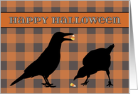 Halloween Candy Corn Crows on Orange Buffalo Plaid card