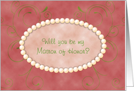 Will You Be My Matron of Honor? Pearls on Mauve Parchment, Green Swirls card
