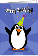 Happy Birthday Party Hat Penguin and Confetti Card