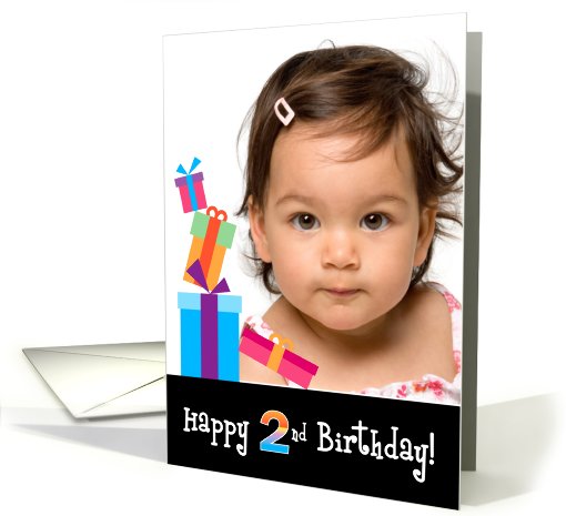 Happy 2nd Birthday, Customizable Photo Card with Stacked Gifts card