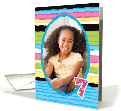 7 Year Birthday Customizable Photo Card, Colorful Stripes card