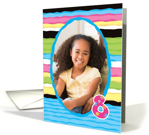 8 Year Birthday Customizable Photo Card, Colorful Stripes card