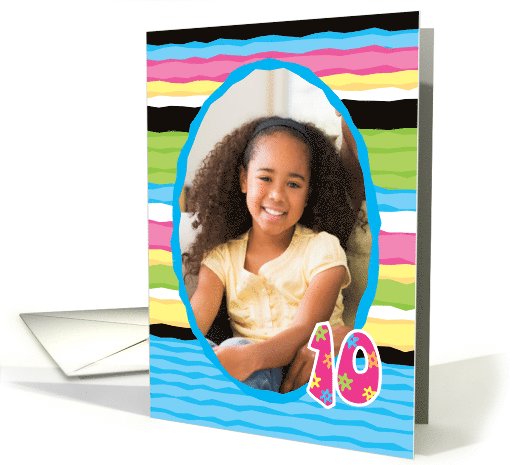 10 Year Birthday Customizable Photo Card, Colorful Stripes card