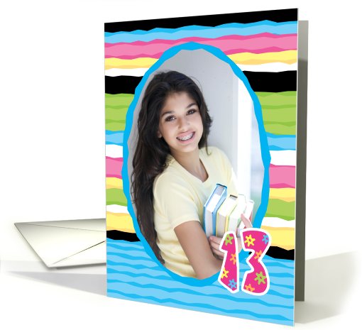 13 Year Birthday Customizable Photo Card, Colorful Stripes card