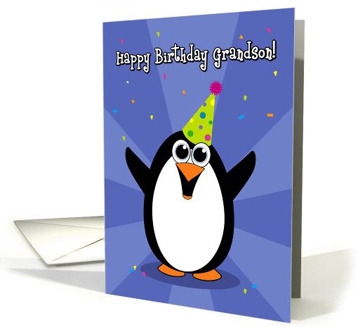 Happy Birthday Grandson, Party Hat Penguin card (906828)