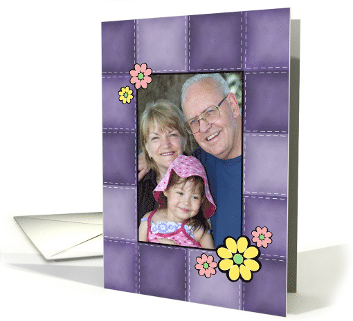 Grandparents Day Personalized Photo Card, Purple Patchwork Quilt card