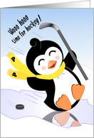 Happy Birthday! Have a Pucking Good Time!, Cute Penguin Playing Hockey card
